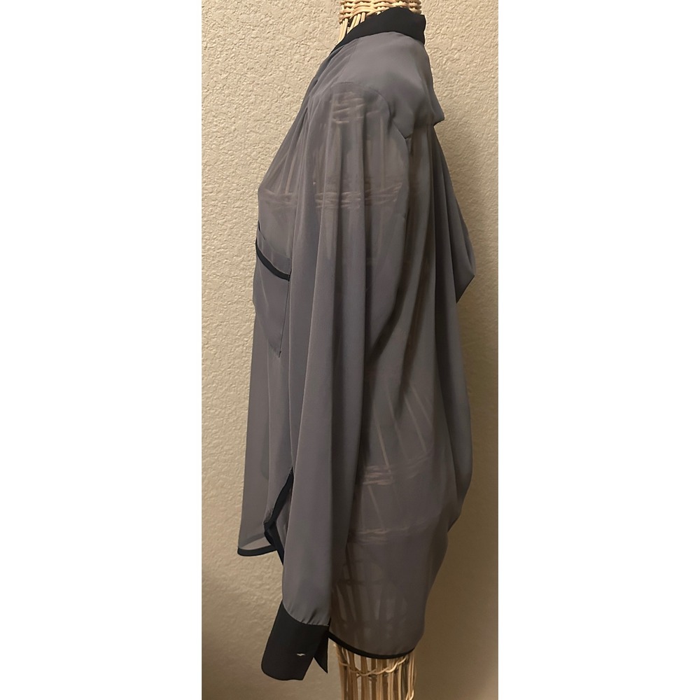 KUT from the Kloth Grey Sheer Draped Back Blouse Black Trim Medium flowy - Picture 9 of 16